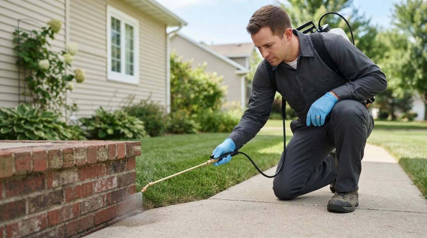 Pest control technician treating a home near Newfield, ME
