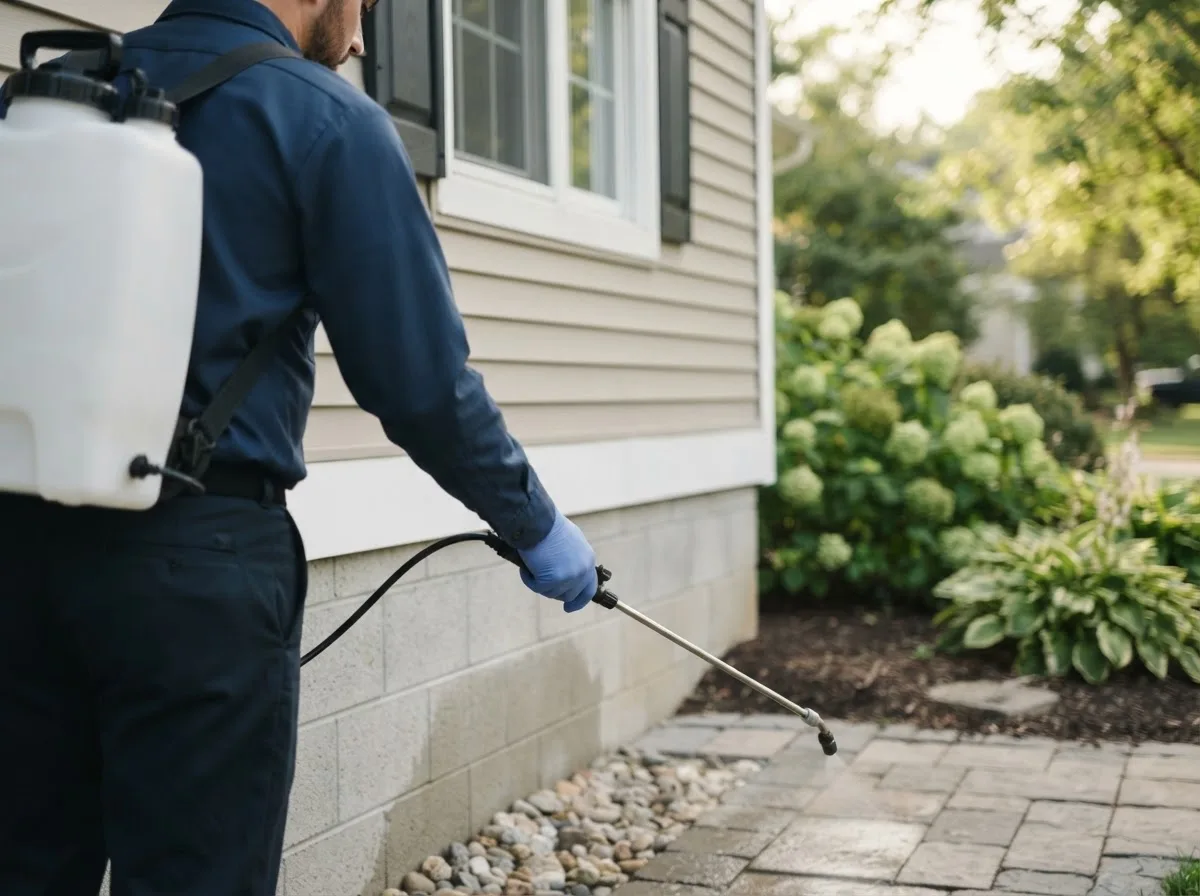 Pest control technician inspecting a home in Newfield, ME